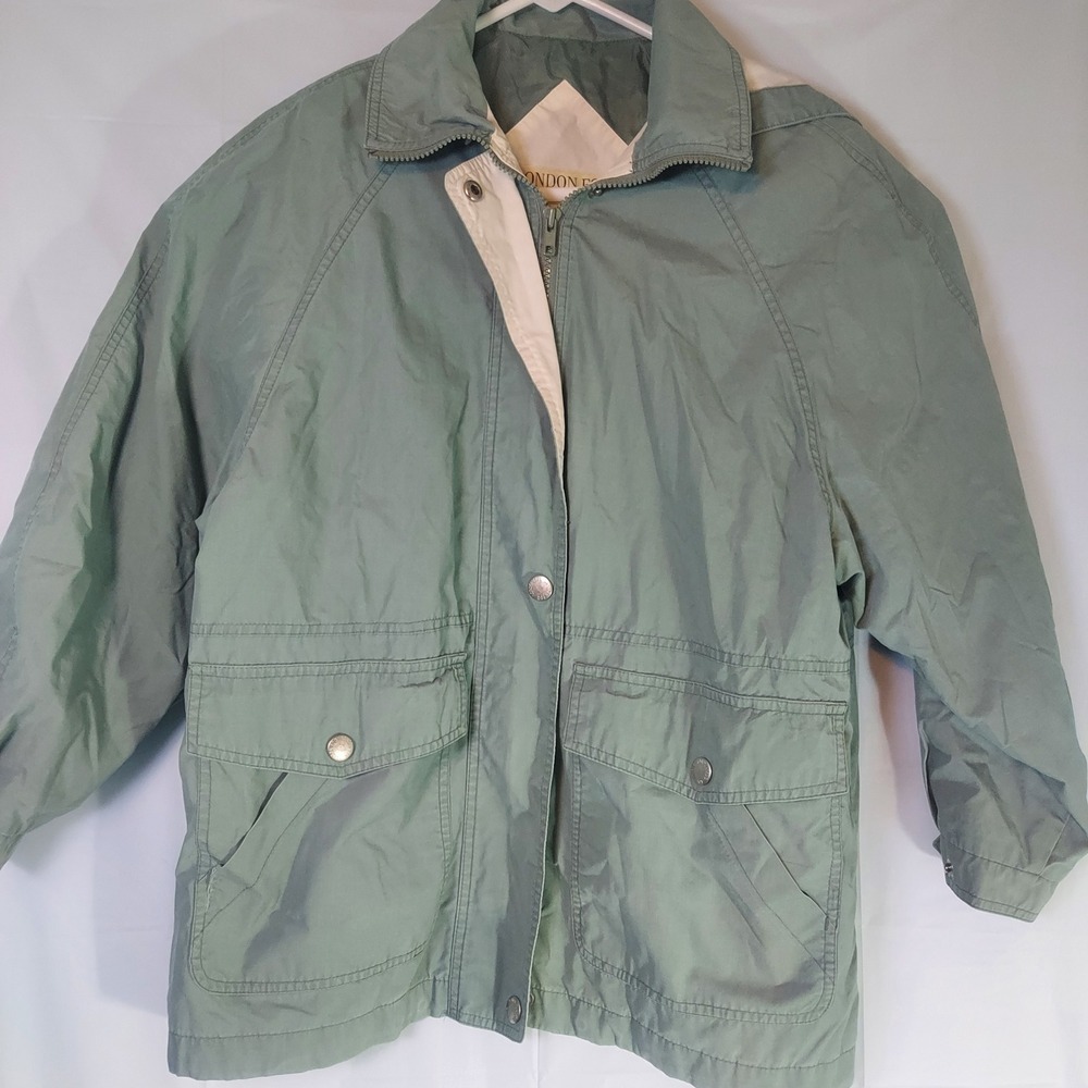 London Fog Petite Sage Green‎ Hooded Rain Coat Jacket Women's Small